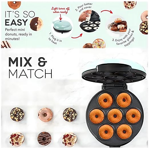 Donut Maker, Electric Non-Stick Surface Makes 7 Small Doughnuts Mini Donut Maker Machine, Mini Doughnut Maker Pancake Maker for Breakfast, Snacks, Desserts & More, Azure