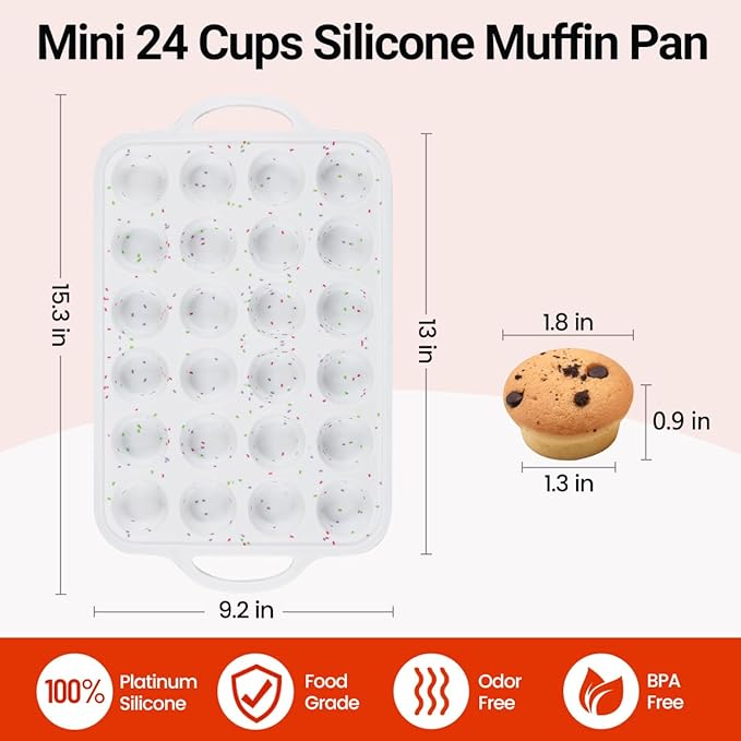 CAKETIME Mini Muffin Pan, Metal Reinforced Frame Mini Cupcake Pans 24 Cups Nonstick Muffin Silicone Molds with Handle for Baking Muffins, Cupcakes, Egg Bites 2 Pack