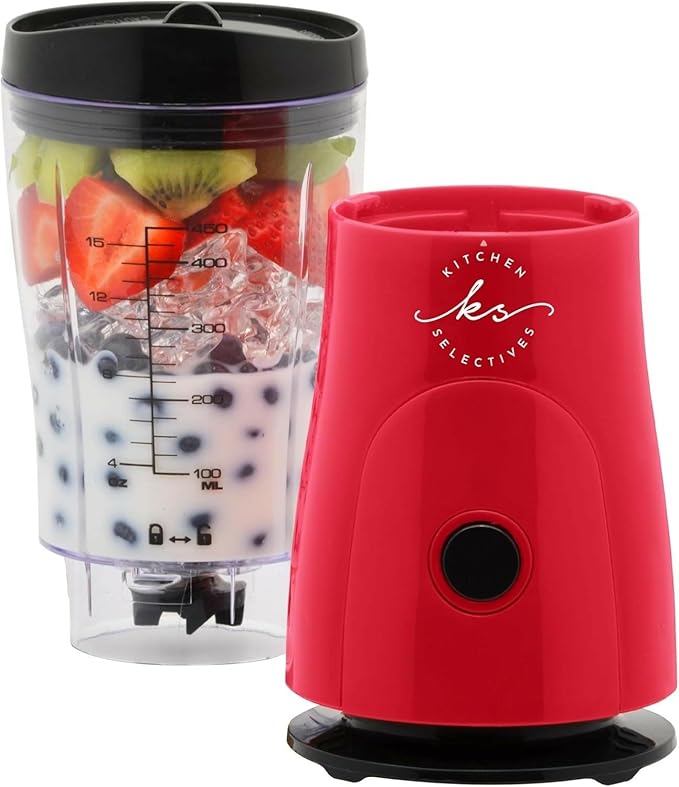 Kitchen Selectives 14-Ounce Mini Blender Color Series - Personal, Portable Blender for Fruit Smoothies & More - With Powerful Stainless Steel Blade & Drink Lid - Red