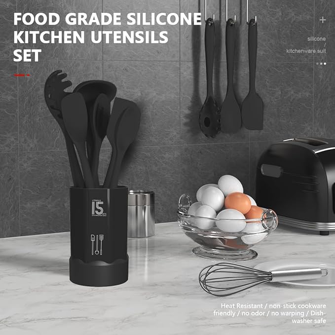 AOTHOD Silicone Cooking Utensils Set - 446°F Heat Resistant Kitchen Utensils,Turner Tongs,Spatula,Spoon,Brush,Whisk,Kitchen Utensil Gadgets Tools Set for Nonstick Cookware,Dishwasher Safe (BPA Free)