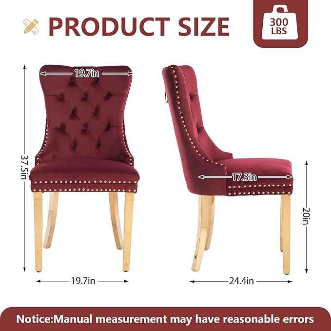 Velvet Dining Chairs Set of 4, Dining Room Chairs Set of 4, Tufted Upholstered Dining Room Chair, Back Ring Pull Trim, Golden Stainless Steel Legs, Wine Red