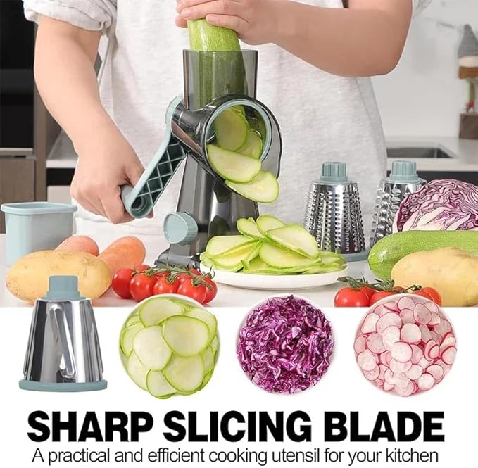 XUANYILA Rotary Cheese Cheese Grater Hand Crank Vegetable Cheese Grater for Kitchen 3 Changeable Blades for Cheese Potato Zucchini Nuts Chocolate - GreyBlue