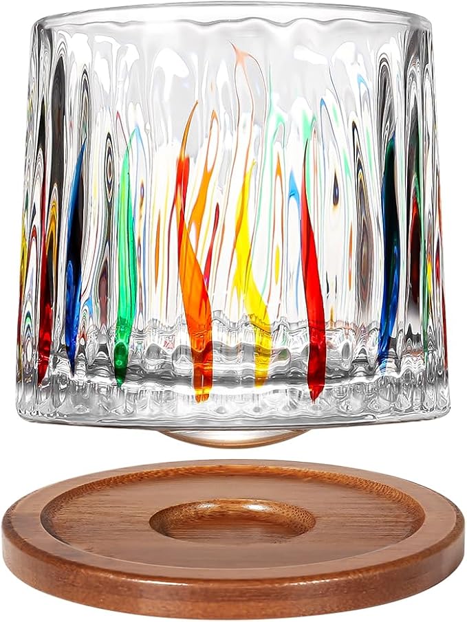 Rotatable Old Fashioned Glass Cup, 275ml/10oz Crystal Whiskey Glass, Wood Coaster, Thickening, Used as Rum Glass, Cocktail Cup, Coffee, Milk to Relax and Reduce Stress, Ideal Gift
