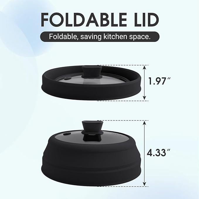 Microwave Splatter Cover Microwave Cover for Food 9 Inch Collapsible Glass Microwave Cover with Handle Silicone microwave splatter cover for Home Kitchen (Black)