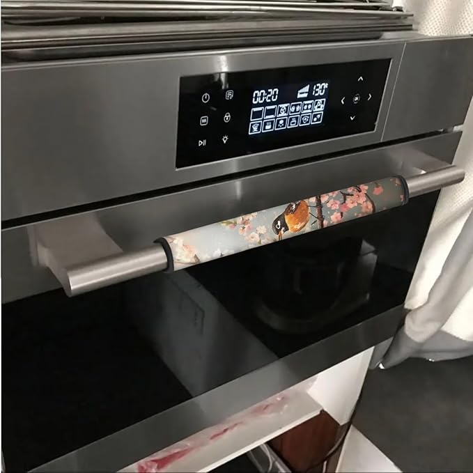 6 PCS Refrigerator Door Handle Covers Electric Appliance Handles Decor Anti-Skid Protector Gloves for Fridge Oven Kitchen Cabinet Home Decor, American Robin Bird Pink Flower Gray