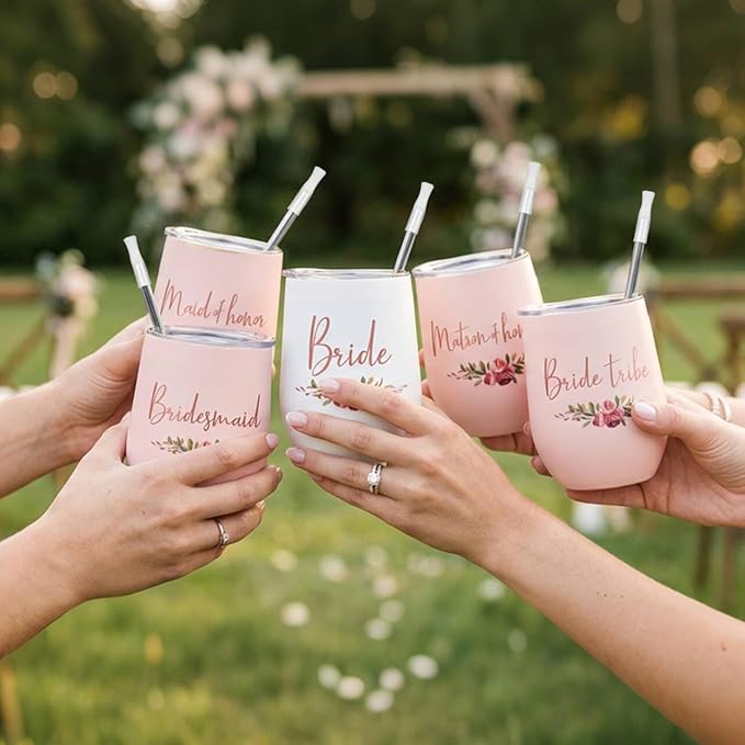 CARAKNOTS Matron of Honor Gifts Bridesmaid Tumbler Bridesmaid Proposal Gifts Wedding Wine Tumbler for Engagement Bachelorette Party Pink Stainless Steel Tumblers with Lid and Straw 12 oz