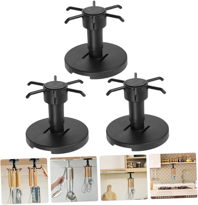 Healifty 3pcs Rotating Kitchen Hooks Utensil Hanger Set for Hanging Cooking Tools Under Cabinet Black Utility Organizer Storage