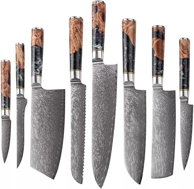 Epicurean Cook Tidal Collection 8 PCS Damascus Knife Set Japanese Kitchen Knives with VG10 Steel Core Ultra-Sharp Professional Chef Knife Set with Elegant Box and Black Resin and Burl Wood Handles