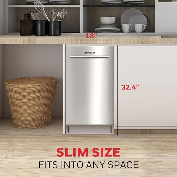 Honeywell 18-Inch Dishwasher with 8 Place Settings, 6 Washing Programs, Stainless Steel Tub, UL & Energy Star Certified, Stainless Finish