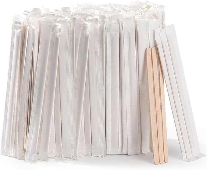 MFJUNS 1000pcs Individually Wrapped Coffee Stirrers Wood - 5.5" Coffee Stir Sticks, Round End Disposable coffee stirrer, For Coffee, Cocktail and Hot Drinks