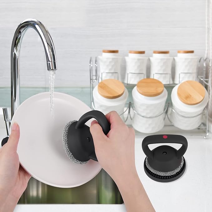 Cast Iron Cleaner Scrubber+Tray with Handle, Welded Chainmail Scrubber for Pan Pot Oven Wok Cleaning- Small Ring Chain Scrub Metal Brush Iron Skillet Steel Wool Scrubber Steel Sponge