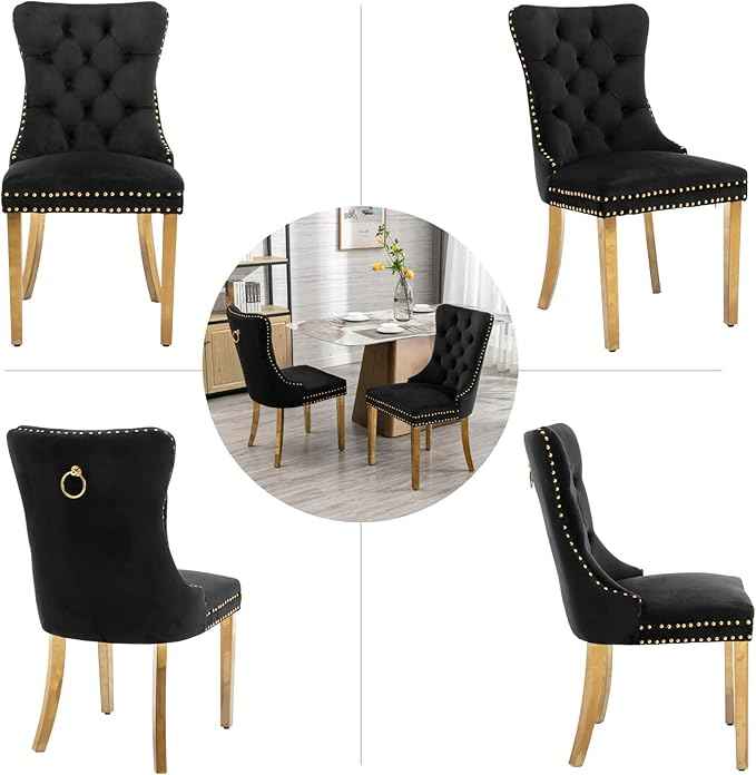 Black Dining Chairs Set of 6,Velvet Upholstered Dining Room Chairs with Back Ring Pull Trim and Golden Stainless Steel Legs,Modern Dining Chairs Perfect for Dining Room,Kitchen(Black)
