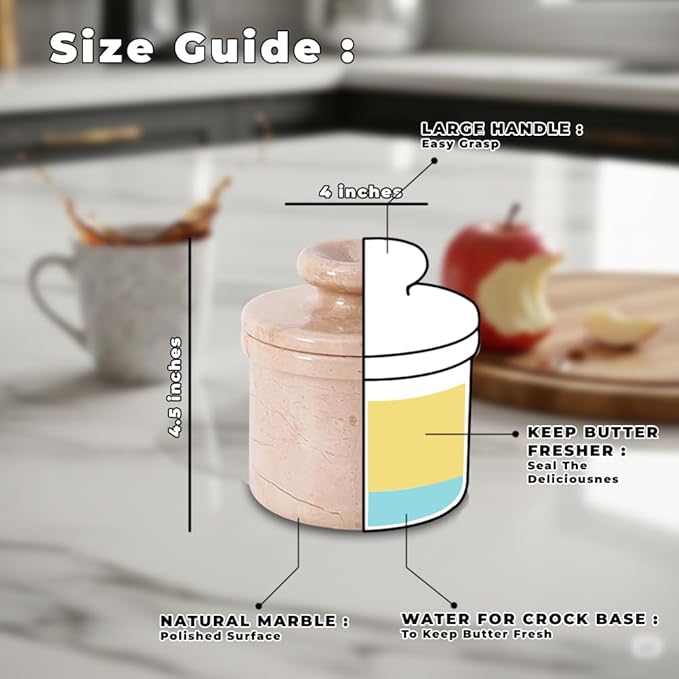 Marble Butter Keeper French Butter Dish Crock with Lid Handcrafted Beige Marble