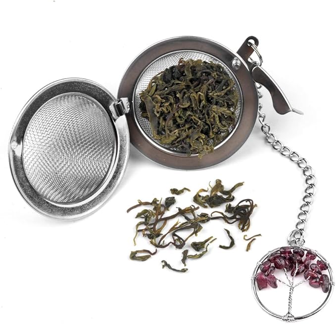 5 Pcs Tea Filter Stainless Steel with Life Tree Crystal Energy Stone Tea Strainers with Fine Mesh Extend Chain Hook Tea Ball Infuser for Loose Tea Leaves Spices Seasonings