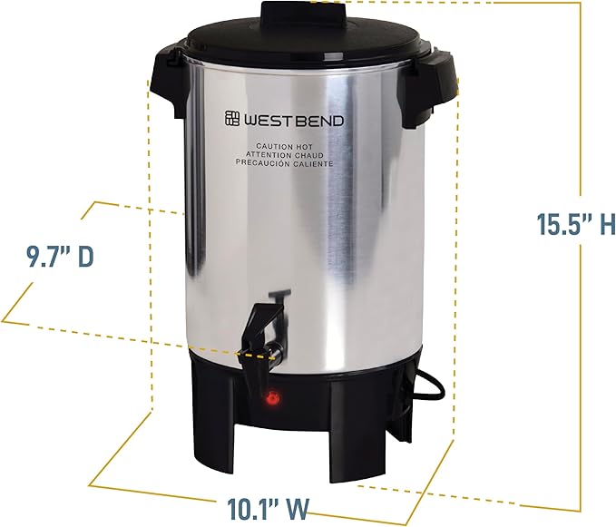 West Bend Coffee Urn Highly-Polished Aluminum Features Automatic Temperature Control with Cup Per Minute Brewing and Easy Clean Up Includes In-Basket Measuring Guide and Ready Light, 30-Cup, Silver
