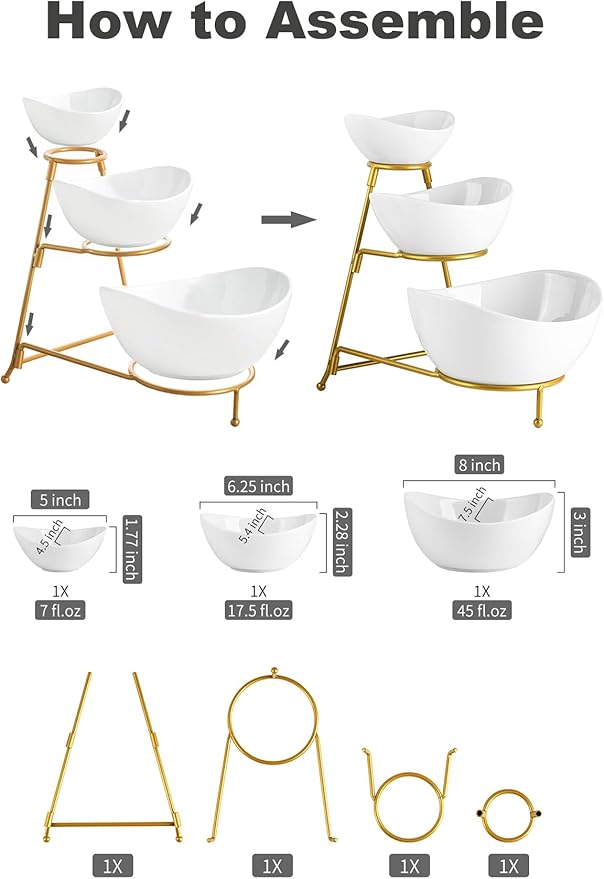 LAUCHUH 3 Tier Serving Stand Serving Dishes for Entertaining Porcelain Oval Bowl Set Tiered Serving Tray for Fruit, Vegetable, Nuts, Salad, Chip Dip Bowl Set for Easter, Mother's Day, Gold