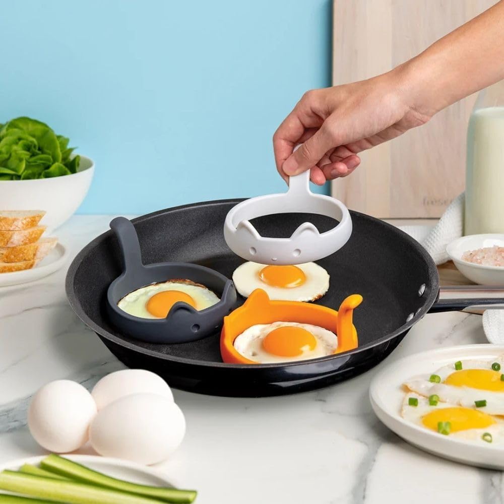 OTOTO PanCats Egg Ring Set of 3 - Silicone Egg Rings for Frying Eggs, Non Stick Fried Egg Cooker Ring, Cat Gifts for Cat Lovers, Cute Funny Kitchen Accessories Gadgets (Multicolor)