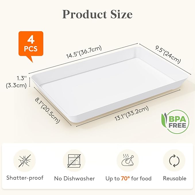 Lifewit Serving Tray for Party Supplies, Reusable Serving Platter for Catering, Snack, Fruit, Charcuterie, Appetizer, Plastic Food Trays, Hosting Essentials, BPA Free, White, 4 Pcs, Large(15" x 10")
