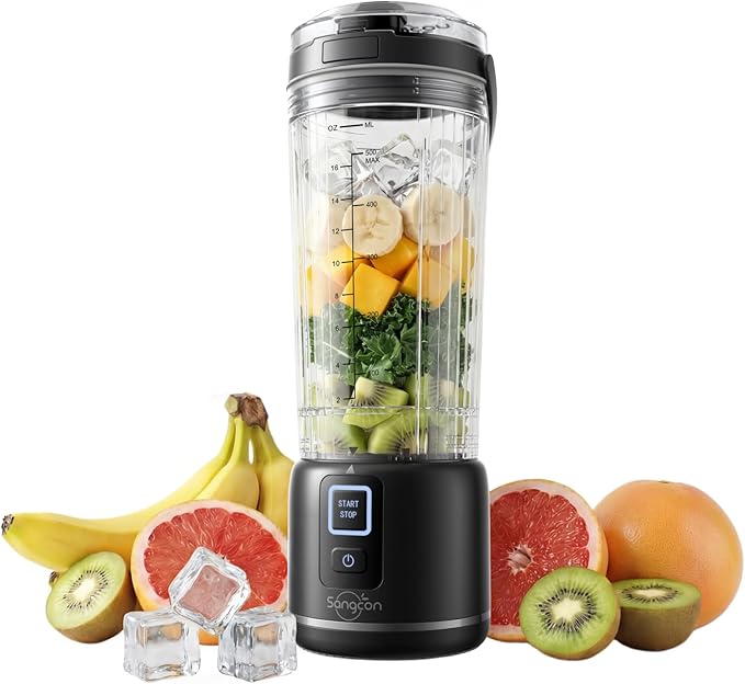 Sangcon Personal Portable Blender for Shakes & Smoothies, 6000mAh Cordless USB-C Rechargeable Blender with 2 Blend Modes, Leakproof Travel Lid, Dishwasher Safe, Ideal for Gym Office Kitchen, BPA-Free