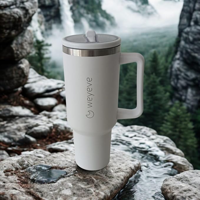 40oz Tumbler with Handle, Flip Straw, and Leak-Proof Lid – Stainless Steel Double Wall Insulated Travel Mug (Pure White)