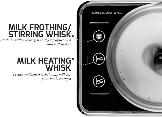 OVENTE Detachable Milk Frother with Stainless Steel Carafe & 2-in-1 Whisk Function, Electric Milk Steamer, Automatic Hot/Cold Foam Maker Perfect for Latte, Cappuccino or Hot Chocolate, Silver FR2008S
