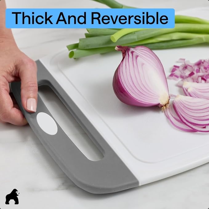 GORILLA GRIP BPA-Free Reversible Kitchen Cutting Board Set of 3, US Designed, Nonporous, Juice Grooves Catch Liquid, Slip Resistant Border, Dishwasher Safe, Durable Large Food Chopping Boards, Gray