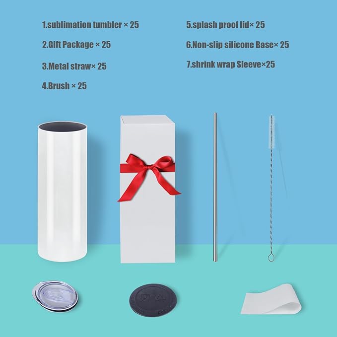 25 Pack 20oz Sublimation Tumblers Bulk With Flat Edge, 20OZ Flat Sublimation Tumbler Blank, Skinny Straight Stainless Steel Blanks Cups with Individual Box(25, 20OZ)