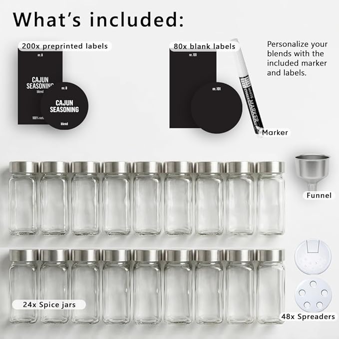 Deco haus Glass Spice Jars with Label 24 x 4oz [LABELS incl] Spice Containers with 280 Labels, Shaker Lids, Funnel & Chalk Marker - Empty Herb Seasoning Containers, Small Seasoning Bottles for Herb