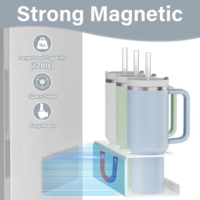 Magnetic Cup Holder For Stanley 20/30/40oz - 2 Pack Tumbler Organizer for Stanley - Water Bottle Organizer for Fridge with Straw Basket & 6 Hooks for Tumbler Cup Lids Accessories Organization White