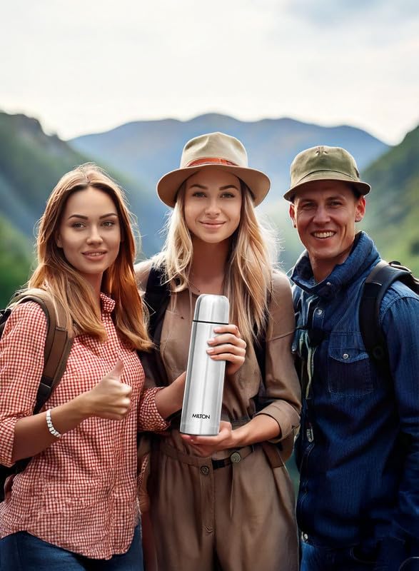 Milton Vacuum Flask for Hot Drink 1 litre (34 oz), Stainless Steel Double Walled Insulated Water Bottle for 24 Hour Hot and Cold drinks with cover, Leak proof, Thermosteel Flip Lid 1000 ml Set of -2