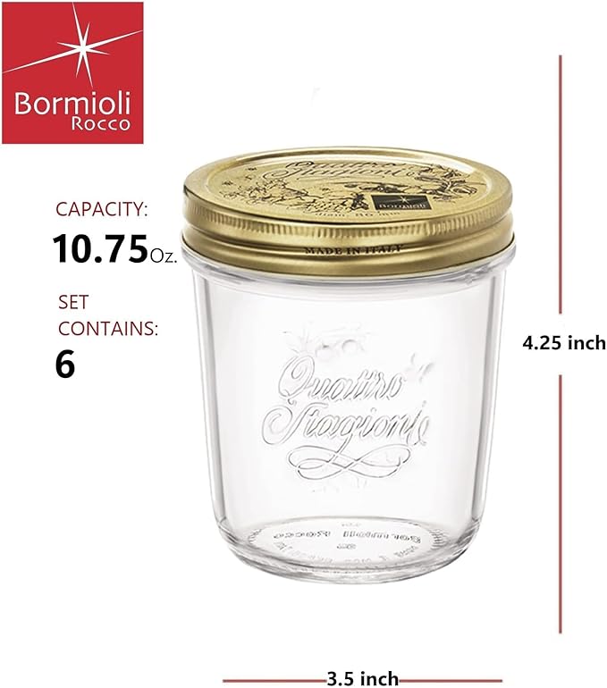 Bormioli Rocco Quattro Stagioni Mason Jar (Set of 6) - 10.75 Oz Wide Mouth Glass Jar with Airtight Twist Lid - Classic Beehive Embossed Design for Canning, Storage & Recipes - Made in Italy, BPA Free