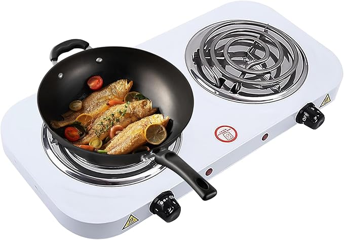 Electric Countertop Burner, Double Burner, 2000W Induction Cooktop, Portable Electric Hot Plate, 5 Level Adjustable Temperature Control Cooking Ranges for Home Dorm Camping Cooking(White Coil)
