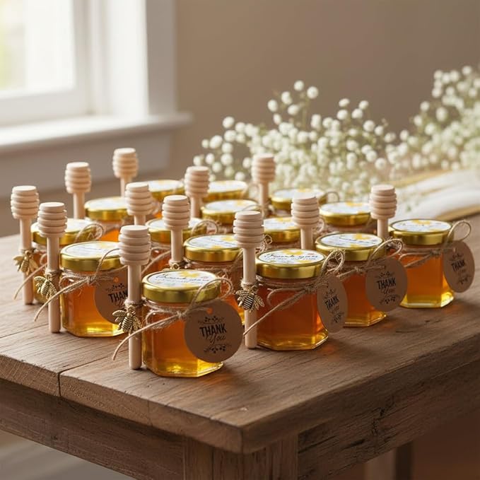 Adabocute 20 Pack Mini Honey Jars with Dipper - Mini Honey Jars for Baby Showers & Wedding Gifts - Gold Lids, Bee Pendants, Jutes and Gift Bags