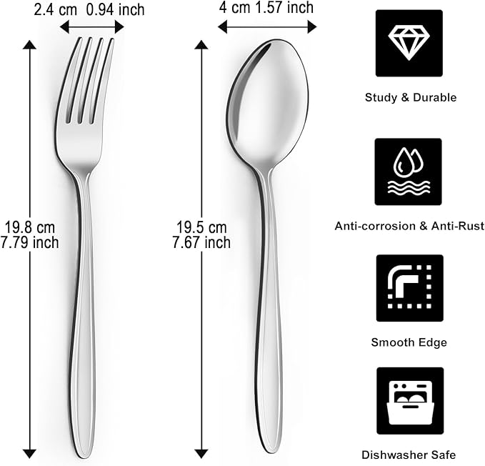 Unokit 24-Piece Forks and Spoons Set - Forks and Spoons Food Grade Stainless Steel Silverware for Home, Kitchen and Restaurant, 12-Fork and 12-Spoon, Mirror Polished&Dishwasher Safe