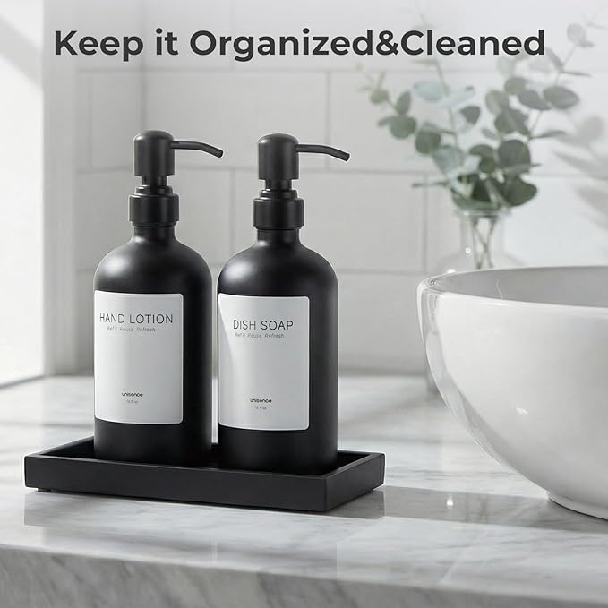 2 Packs Glass Soap Dispenser Set for Kitchen, Hand and Dish Soap Dispenser with Stainless Steel Pump & Resin Tray, Rental-Modern Refillable Countertop Soap Dispenser for Kitchen Hotels,Matte Black