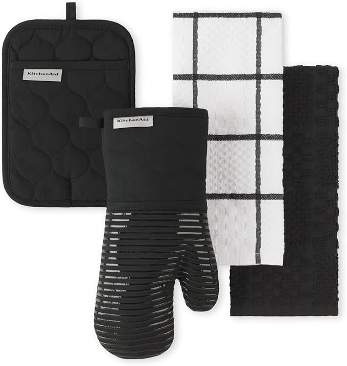 KitchenAid Quilted Cotton Terry Cloth Oven Mitt, Pot Holder, Kitchen Towel 4-Pack Set, Heat Resistant, Silicone Grip, Gift Set, Matte Black, 16"x26", 7"x13" & 7"x10"