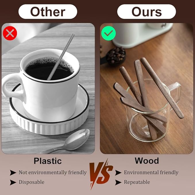 4Pcs Black Walnut Wood Coffee Stirrers 6″ Reusable Wooden Drink Stir Sticks for Coffee, Tea, Milk, Chocolate & Jam Spreader