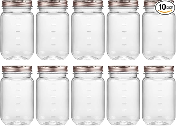 novelinks 16 oz Clear Plastic Jars with Lids, Refillable 16oz Mason Jars with Lids & Storage Containers for Kitchen & Household Use (10 Pack,Rose Gold)