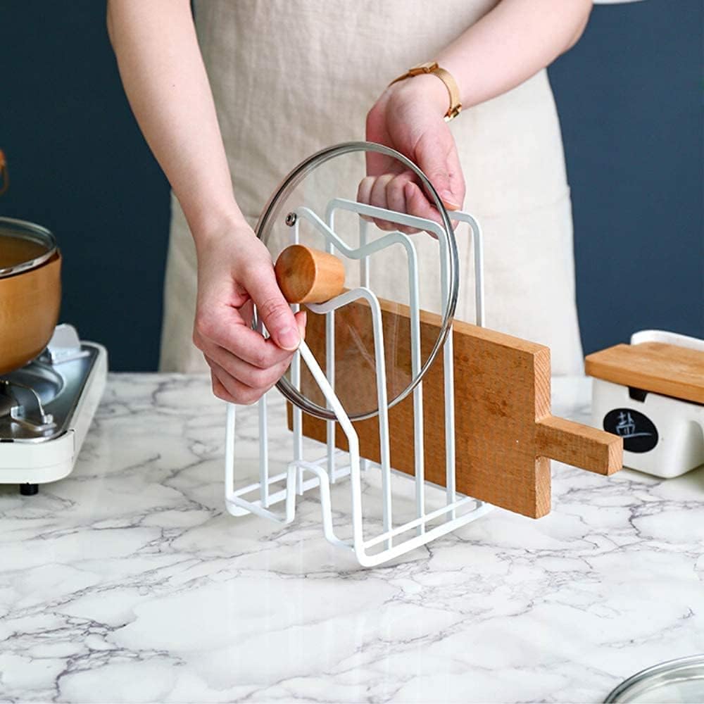 SUNFICON Cutting Board Rack Chopping Board Organizer Pot Pan Lids Holder Thin Bakeware Baking Tray Drying Display Stand Kitchen Countertop Cupboards Cabinet Office Sturdy Metal 4.92x5.7x8.47 in.White