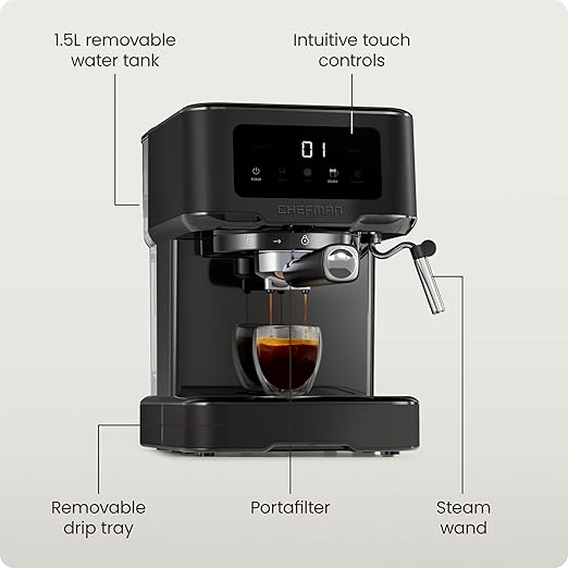 Chefman CraftBrew Espresso Machine, 15-Bar Pump Digital Espresso Maker w/Steam Wand for Latte & Cappuccino, Compact Espresso Coffee Machine w/ 1.5L Removable Water Reservoir - Stainless Black