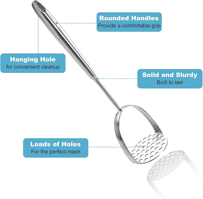 Potato Masher Stainless Steel - Mashed Potato Masher Kitchen Utensil，Potato Smasher For Potatoes, Bean, Vegetable & Fruits，Pet Food, Heavy Duty Metal Avocados Smasher Tool, Dishwasher Safe, 14 Inch