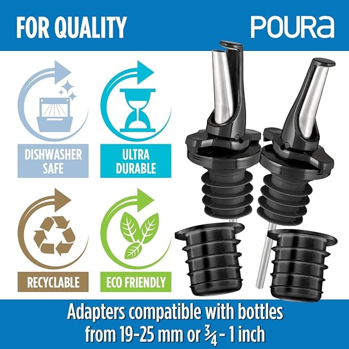 24 Liquor Bottle Pourers - Hygienic ClickSeal Alcohol Speed Pour Spouts - Stops Barfly, Dishwasher Safe. Also for Olive Oil, Juice, Syrup. Black 24Pk with 2 Adapters for Large Bottles