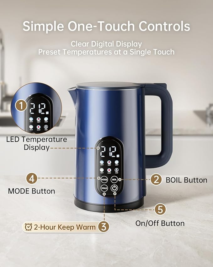 Electric Kettle with Temperature Control, 1.7L Stainless Steel Hot Water Kettle, 5 Presets for Tea & Coffee, 2H Keep Warm, Fast Boil, Auto Shut-Off & Boil-Dry Protection, Cordless Tea Kettle,Blue