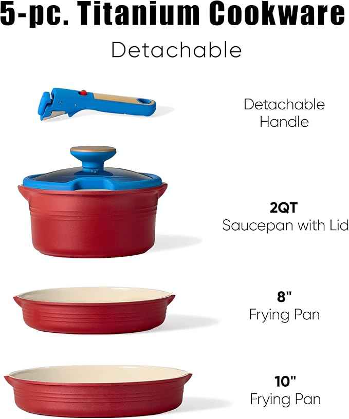 CAROTE 5Pcs Titanium Cookware Set, Pots and Pans Set Non Stick, Kitchen Cooking Set with Detachable Handle, Non Toxic Induction Cookware, Dishwasher/Oven Safe，Memphis Design