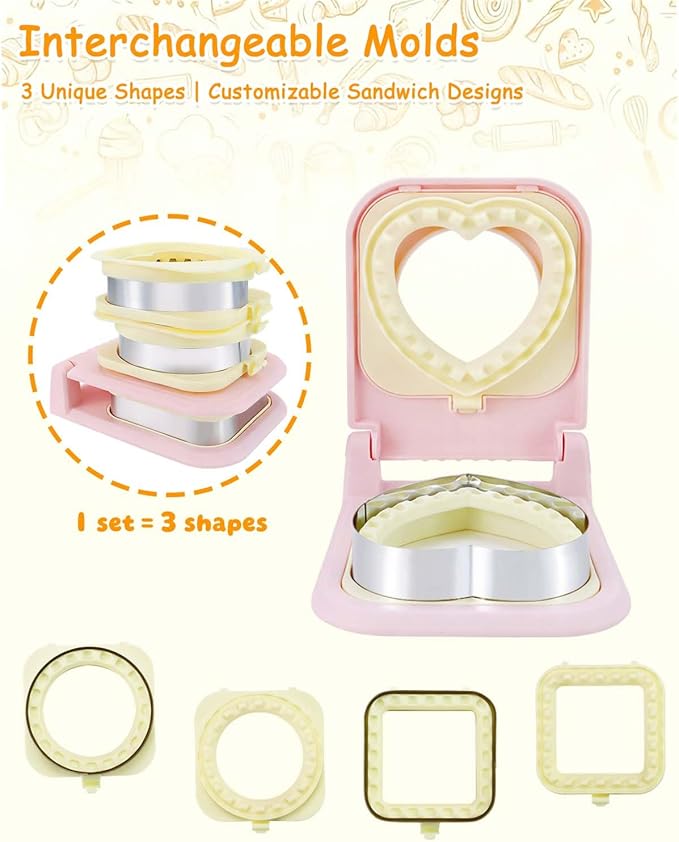3-in-1 Uncrustable Sandwich Maker - Heart/Circle/Square Crustless Sandwich Cutter & Sealer for Kids' Lunch, Breakfast & Lunchboxes | BPA-Free Uncrustable Press, Easy Clean (3-Shape Pink)