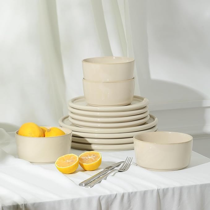 Stone Lain Eden 12-Piece Dinnerware Set Stoneware, Plates and Bowls Set, Dishwasher and Microwave Safe Dish, Dish Set for 4, Beige