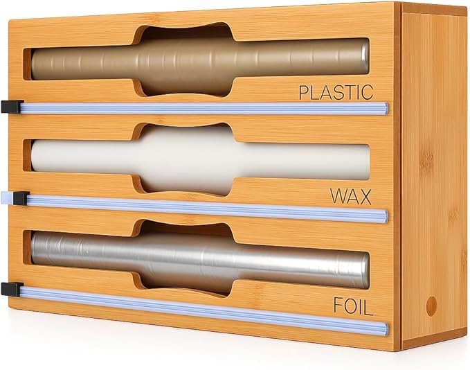3 in 1 Wrap Organizer with Cutter and Labels, Plastic Wrap, Aluminum Foil and Wax Bamboo Dispenser for Kitchen Storage Organization Holder for 12" Roll (Natural)