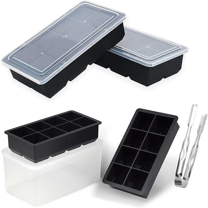 Bangp Large Ice Cube Trays Set(4 Large Silicone Ice Trays,2 Lids,Ice Bin&Tongs),Large Ice Tray Molds for Making 32 Giant Ice Cubes for Whiskey