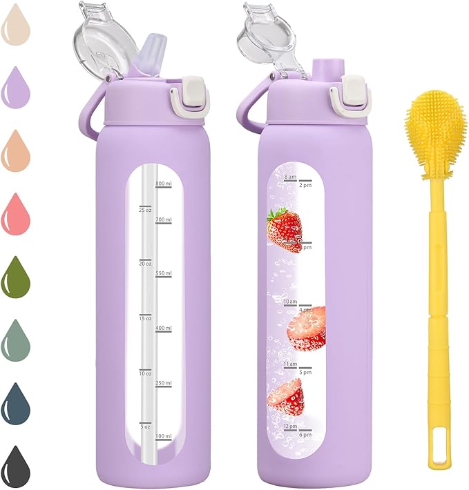 chunmo 32 oz Glass Water Bottle with 2 Lids-Handle Spout Lid & Straw Lid, 1 Liter Motivational Borosilicate Water Bottle with Time Marker and Silicone Sleeve,Leakproof-Purple-1 Pack
