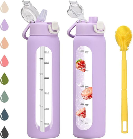 chunmo 32 oz Glass Water Bottle with 2 Lids-Handle Spout Lid & Straw Lid, 1 Liter Motivational Borosilicate Water Bottle with Time Marker and Silicone Sleeve,Leakproof-Purple-1 Pack